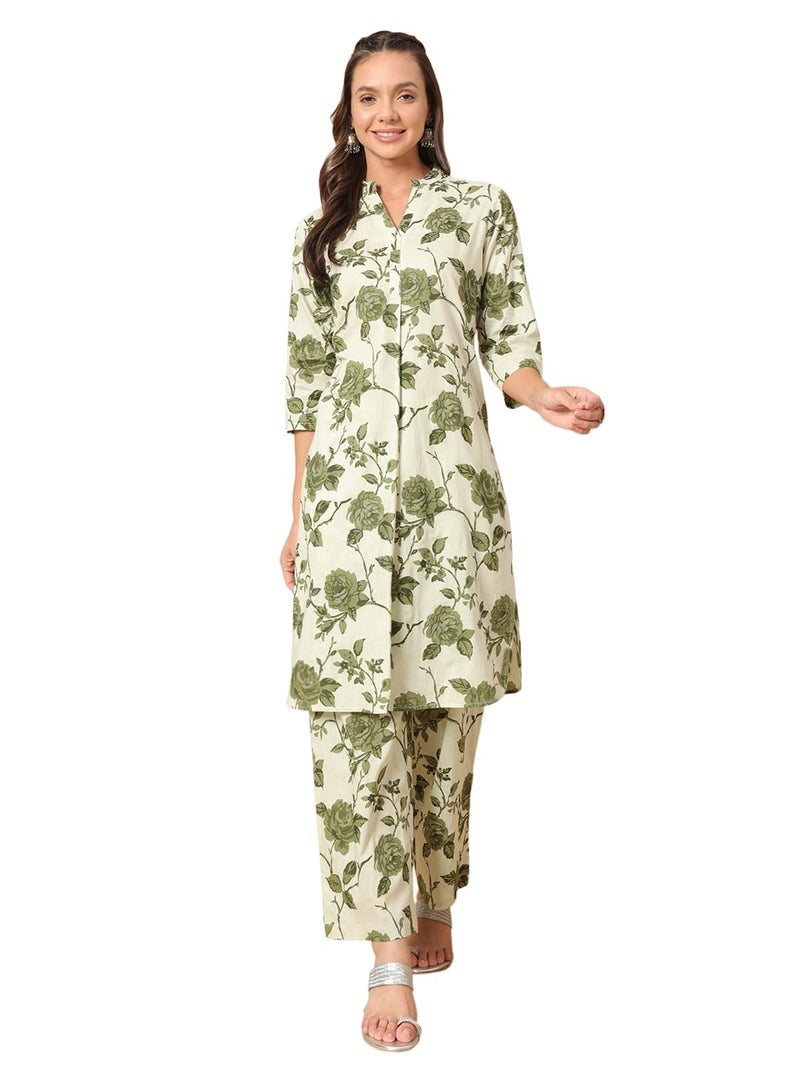 FIORRA Women's Pista Green Cotton Straight Kurta with Pant Co-ord Set - Image 1