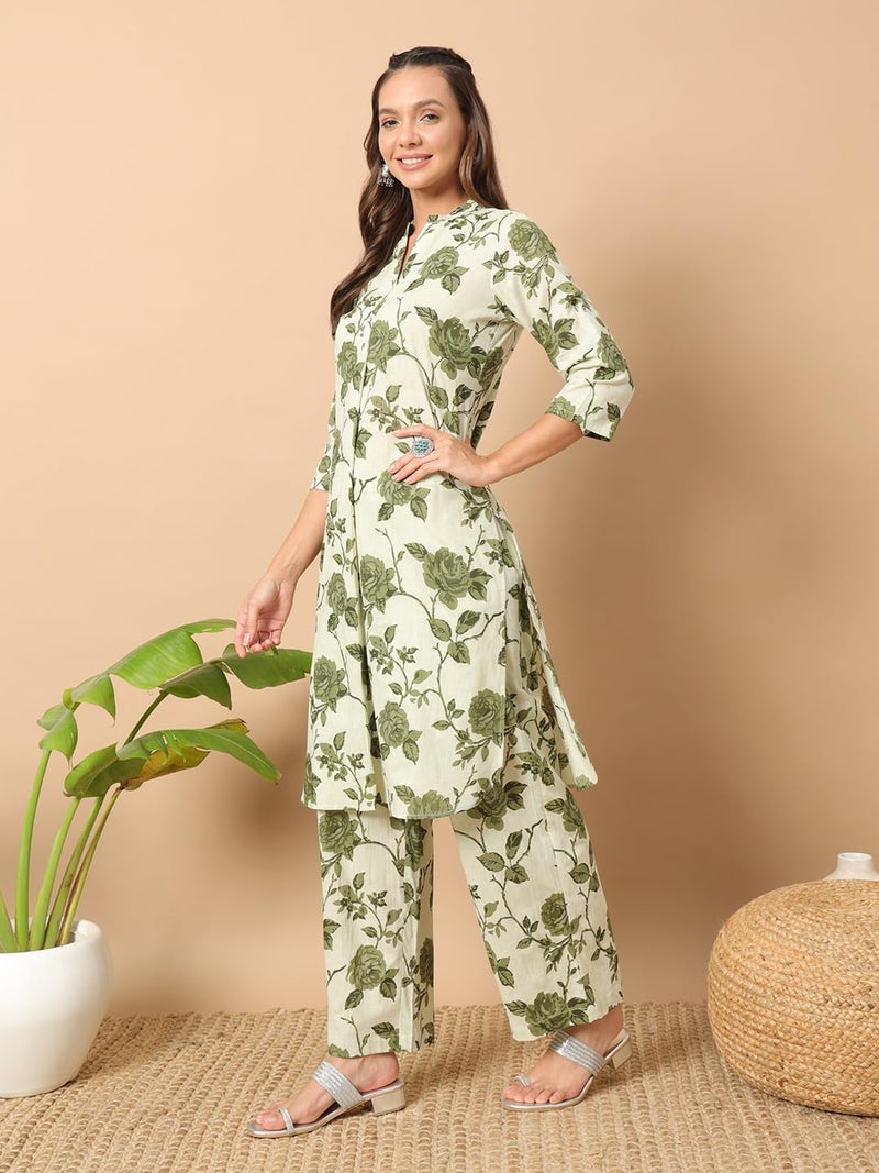 FIORRA Women's Pista Green Cotton Straight Kurta with Pant Co-ord Set - Image 4