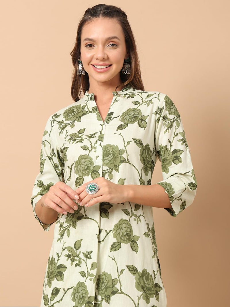 FIORRA Women's Pista Green Cotton Straight Kurta with Pant Co-ord Set - Image 5