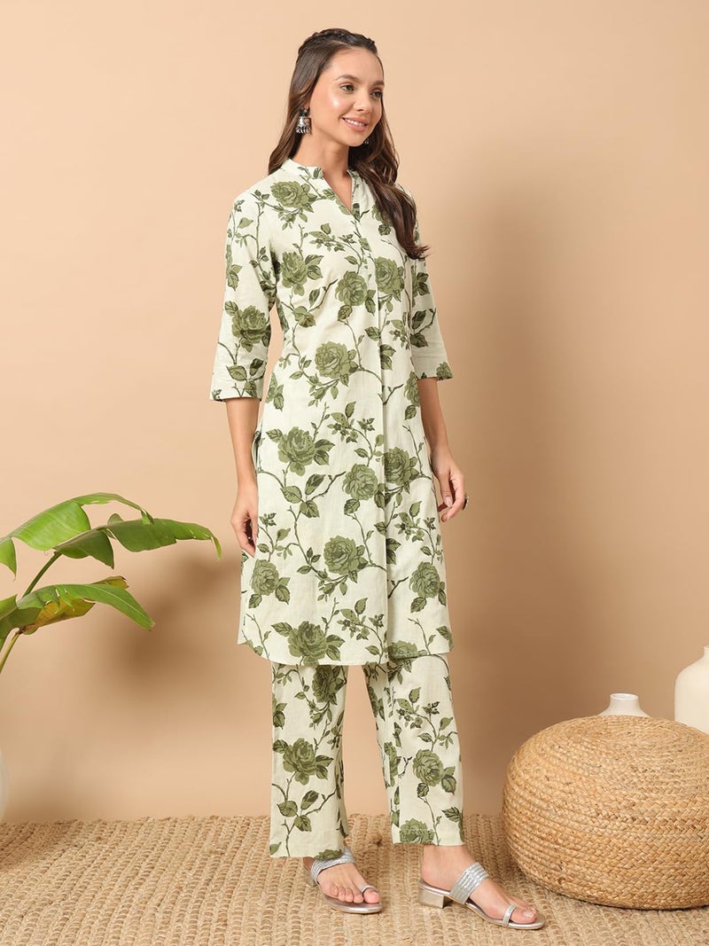 FIORRA Women's Pista Green Cotton Straight Kurta with Pant Co-ord Set - Image 3