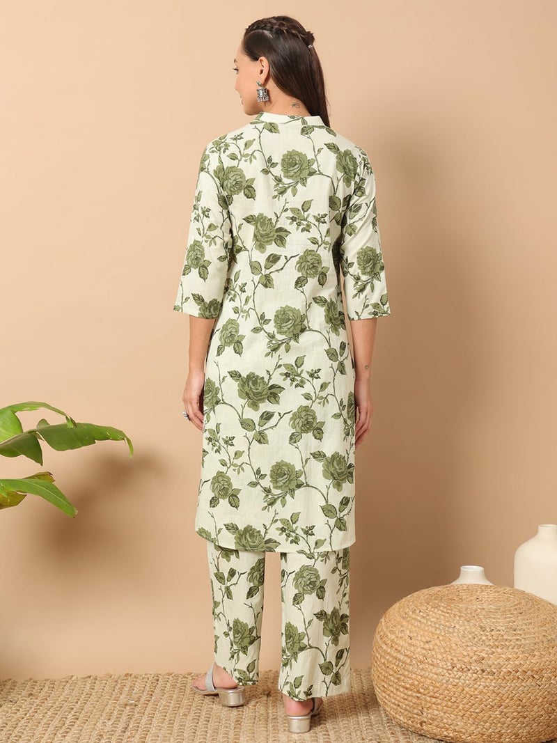 FIORRA Women's Pista Green Cotton Straight Kurta with Pant Co-ord Set - Image 2
