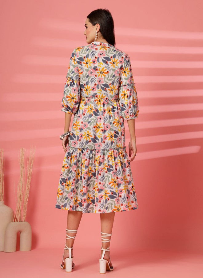 LARGISH Women Floral Printed Puff Sleeve Fit & Flare Midi Dress - Image 5