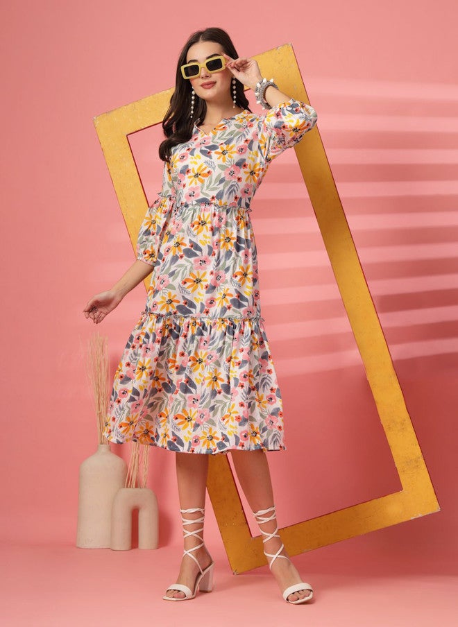 LARGISH Women Floral Printed Puff Sleeve Fit & Flare Midi Dress - Image 1