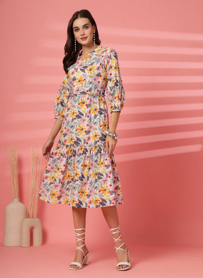 LARGISH Women Floral Printed Puff Sleeve Fit & Flare Midi Dress - Image 4