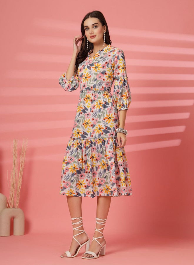 LARGISH Women Floral Printed Puff Sleeve Fit & Flare Midi Dress - Image 2