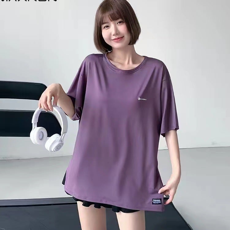 Generic Womens Loose Plus Size Yoga T-Shirt, Quick Dry Fitness TopLin #989 purple top Lin #989 purple top 