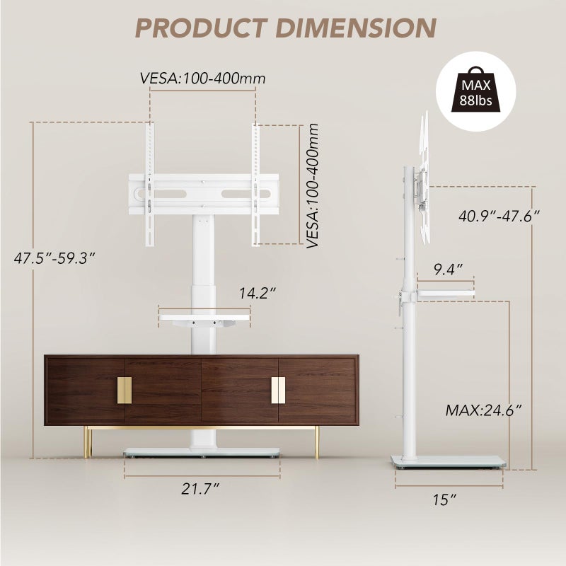 AX WABER Universal Floor TV Stand with Mount 70 Degree Swivel 9 Level Height Adjustable and Space Saving Design for Most 27 to 65 inch LCD, LED OLED TVs White - Image 5