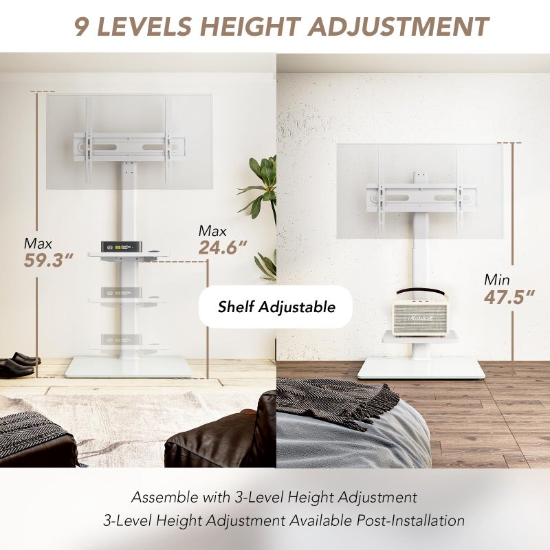 AX WABER Universal Floor TV Stand with Mount 70 Degree Swivel 9 Level Height Adjustable and Space Saving Design for Most 27 to 65 inch LCD, LED OLED TVs White - Image 3