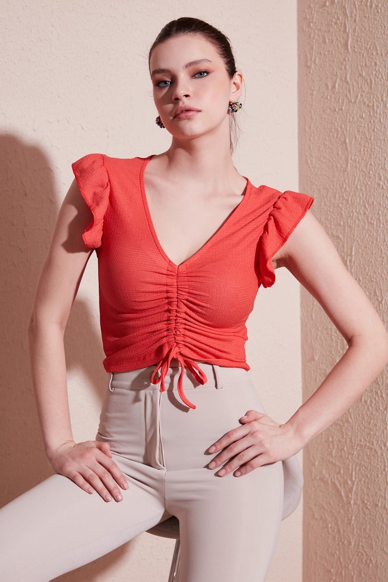Lela Smock Detailed Slim Fit Crop Blouse with Frilly Sleeves Women's Blouse 5865015  - Image 2
