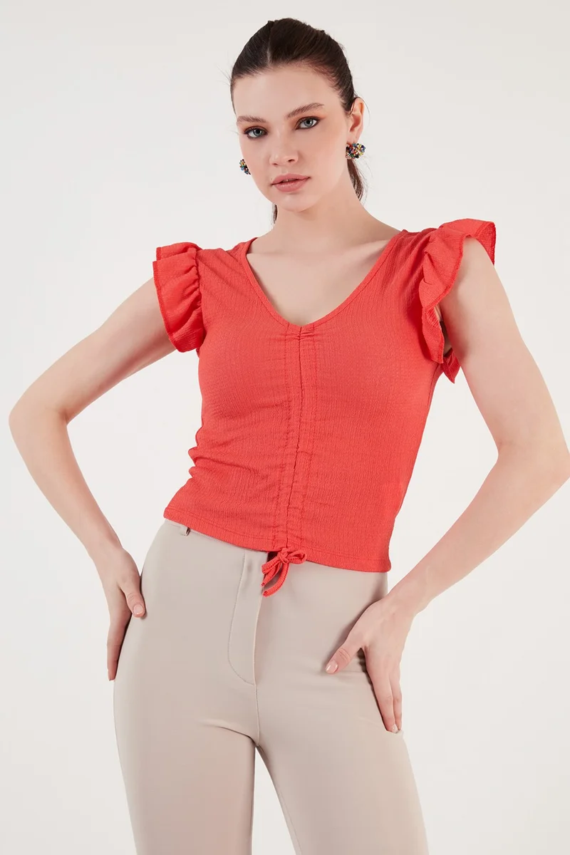 ليلا Smock Detailed Slim Fit Crop Blouse with Frilly Sleeves Women's Blouse 5865015