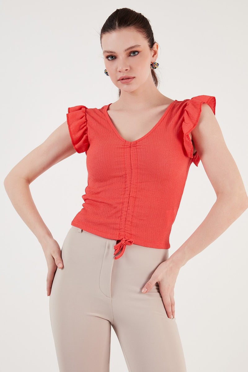 Lela Smock Detailed Slim Fit Crop Blouse with Frilly Sleeves Women's Blouse 5865015  - Image 4