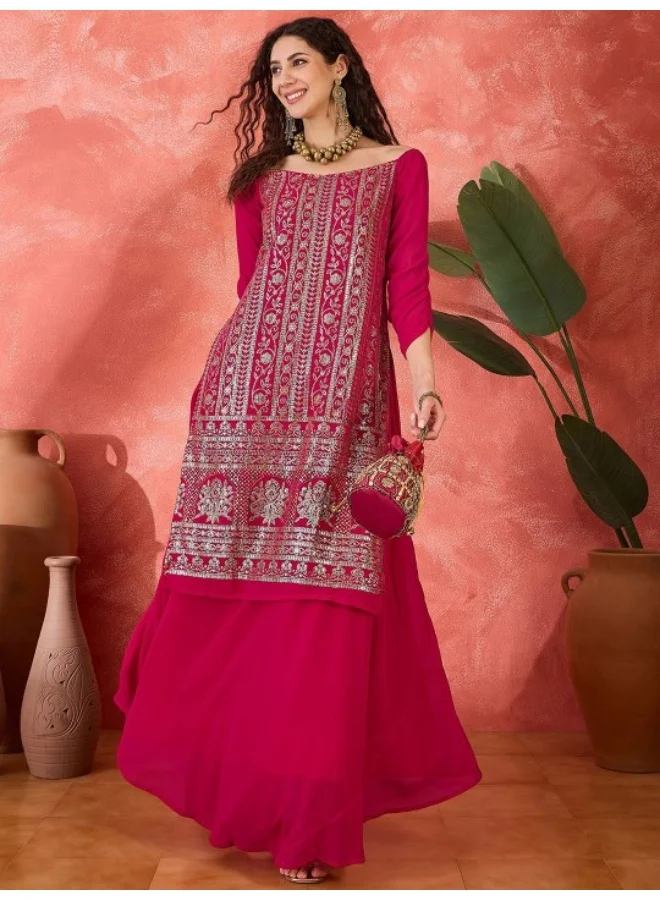 أيه كيه إس Red Sequinned Kurta Skirt Set