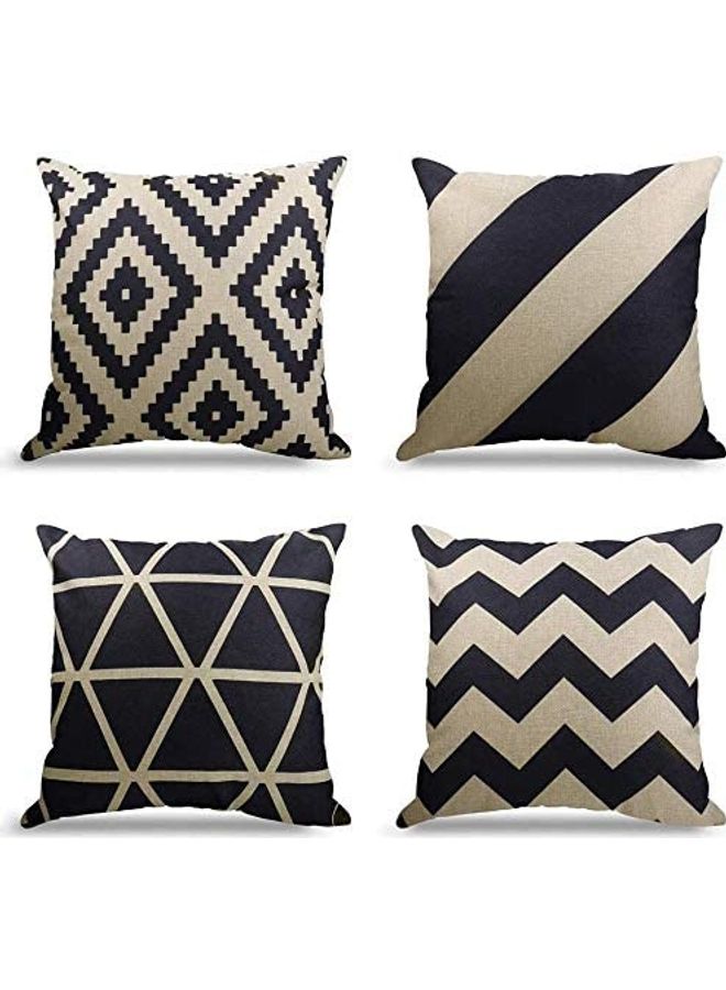 4-Piece Decorative Geometric Design Sofa Pillow Set ‎ Cotton 27 x 25.8 x 4.7 cm Black/Beige - Image 1