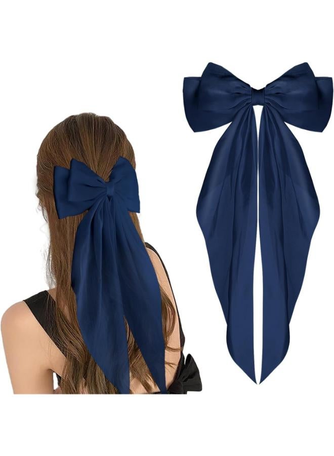 Large hair clips with a long bow and a long tail in dark blue - Image 5