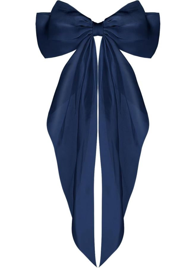 Large hair clips with a long bow and a long tail in dark blue - Image 1