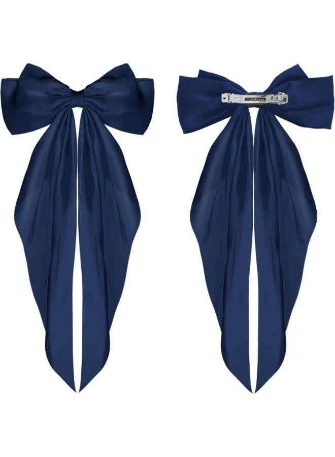 Large hair clips with a long bow and a long tail in dark blue - Image 3