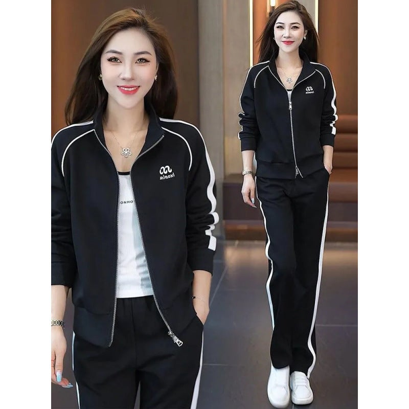 Casual Sportswear suit Womens Autumn 2024 New Fashion Age-reducing Slim-fit Sweatshirt Wide-leg Pants Two-piece Set Black - Image 3