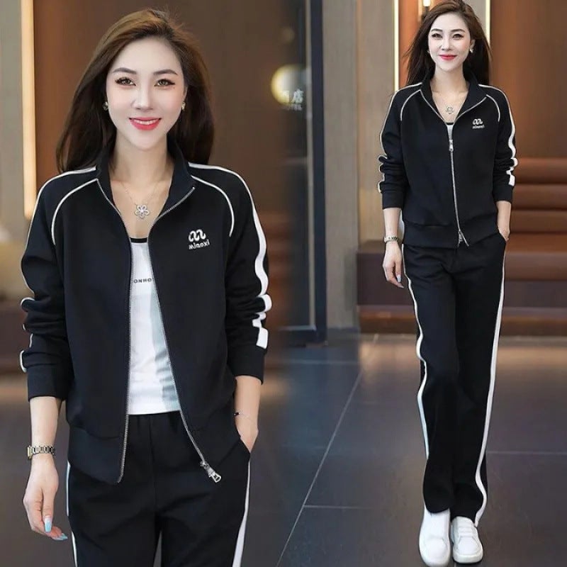 Casual Sportswear suit Womens Autumn 2024 New Fashion Age-reducing Slim-fit Sweatshirt Wide-leg Pants Two-piece Set Black - Image 1