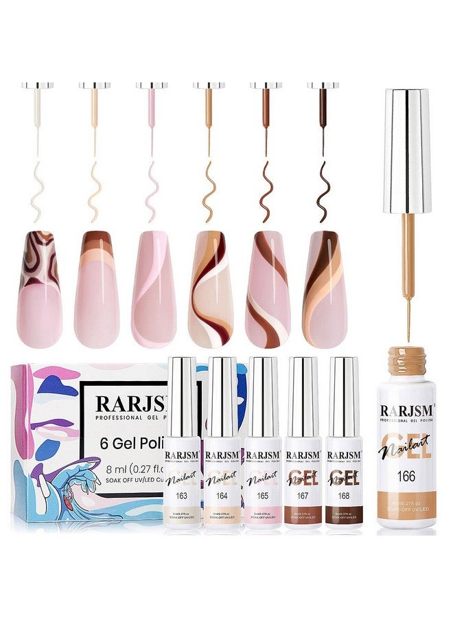 RARJSM Nail Art Gel Liner Nude Color 6Pcs Set Nude Pink Brown Skin Tone Painting Striping Gel Nail Polish Uv Led Curing Requires Soak Off 8Ml Build In Thin Sharp Brush Home Diy Salon Swirl Nail Design - Image 1