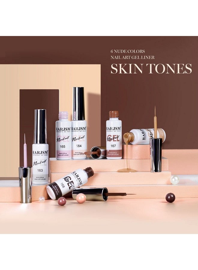 RARJSM Nail Art Gel Liner Nude Color 6Pcs Set Nude Pink Brown Skin Tone Painting Striping Gel Nail Polish Uv Led Curing Requires Soak Off 8Ml Build In Thin Sharp Brush Home Diy Salon Swirl Nail Design - Image 2