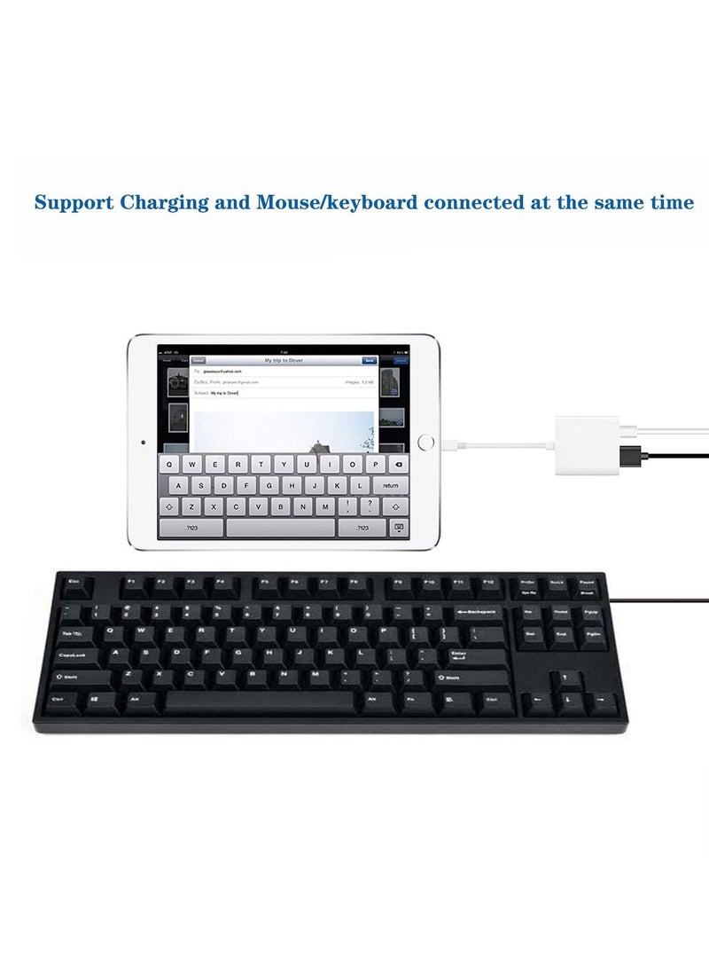 محول كاميرا Apple Lightning إلى USB مع منفذ شحن، وكابل USB 3.0 OTG لأجهزة iPhone/iPad لتوصيل قارئ البطاقات، ومحرك فلاش USB، وقرص U، ولوحة المفاتيح، والماوس، والمحاور، وMIDI