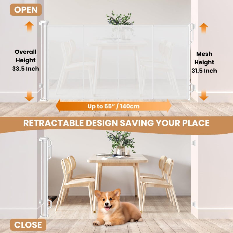 SPACEANY Reinforced Retractable Baby Gate or Mesh Dog Gate,Easy to Use for Stairs, Doorways, Hallways, Indoor, Outdoor, Wide Pet Gate 33.5" Tall, Extends to 55" Wide, White - Image 2