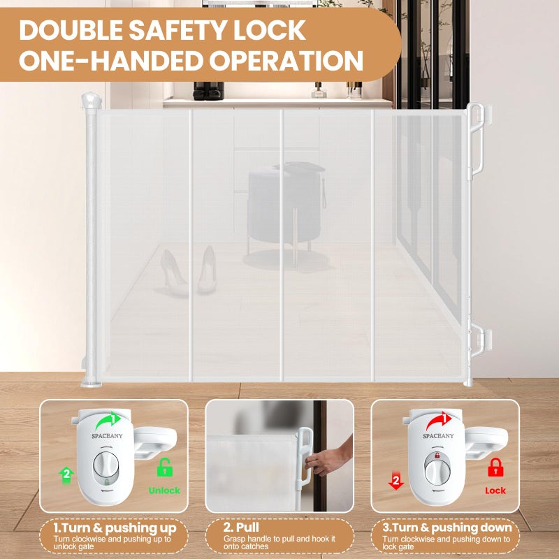 SPACEANY Reinforced Retractable Baby Gate or Mesh Dog Gate,Easy to Use for Stairs, Doorways, Hallways, Indoor, Outdoor, Wide Pet Gate 33.5" Tall, Extends to 55" Wide, White - Image 5