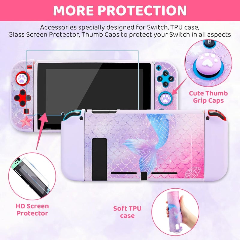 GLDRAM Mermaid Tail Carrying Case Compatible with Nintendo Switch, Purple Case Bundle with Travel Case, Hard PC Shell, Screen Protector, Thumb Caps, Shoulder Strap, Cute Accessories Kit for Girls - Image 4
