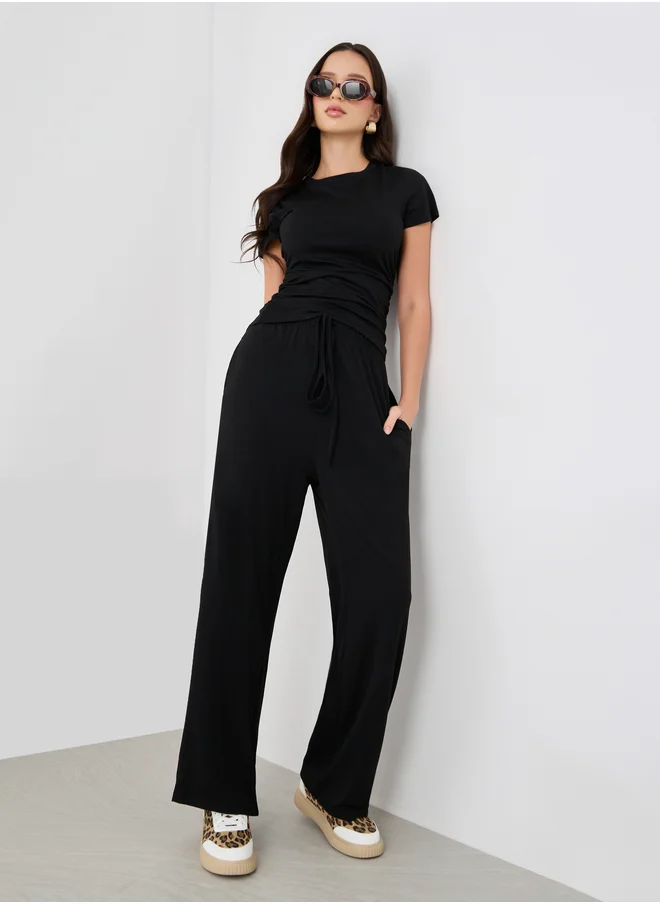 Styli Solid Ruched Detail T-Shirt and Wide Leg Joggers Co-Ords