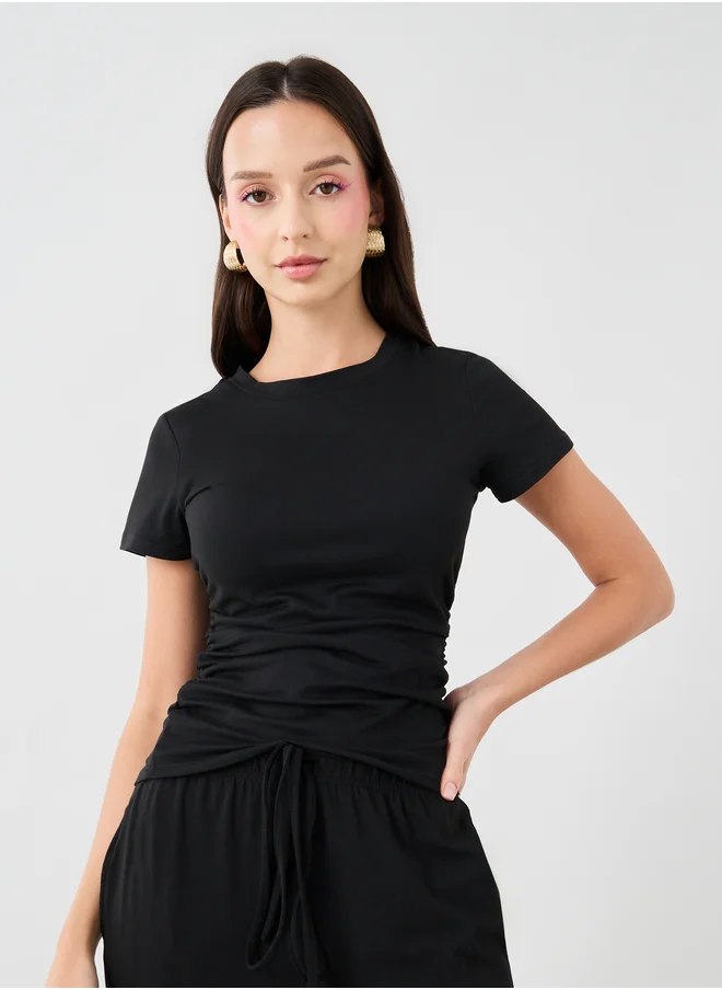 Styli Solid Ruched Detail T-Shirt and Wide Leg Joggers Co-Ords