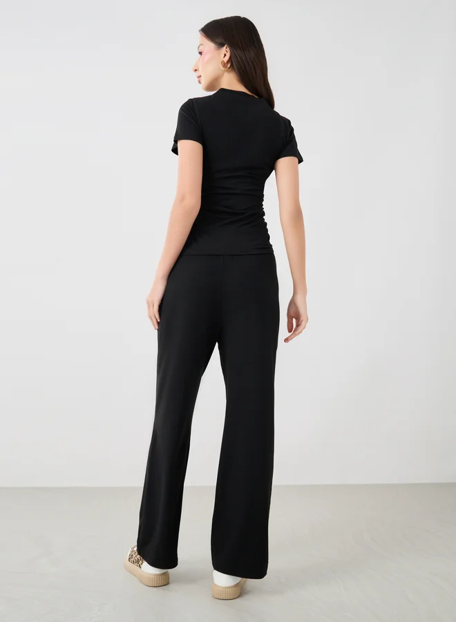 Take Two Solid Ruched Detail T-Shirt and Wide Leg Joggers Co-Ords