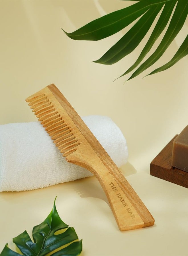 The Bare Bar Neem Wood Comb with Handle I Organic and Natural Comb | Massages Scalp, Stimulates Hair Growth, Removes Dandruff | Wooden wide tooth comb for gentle detangling - Image 2
