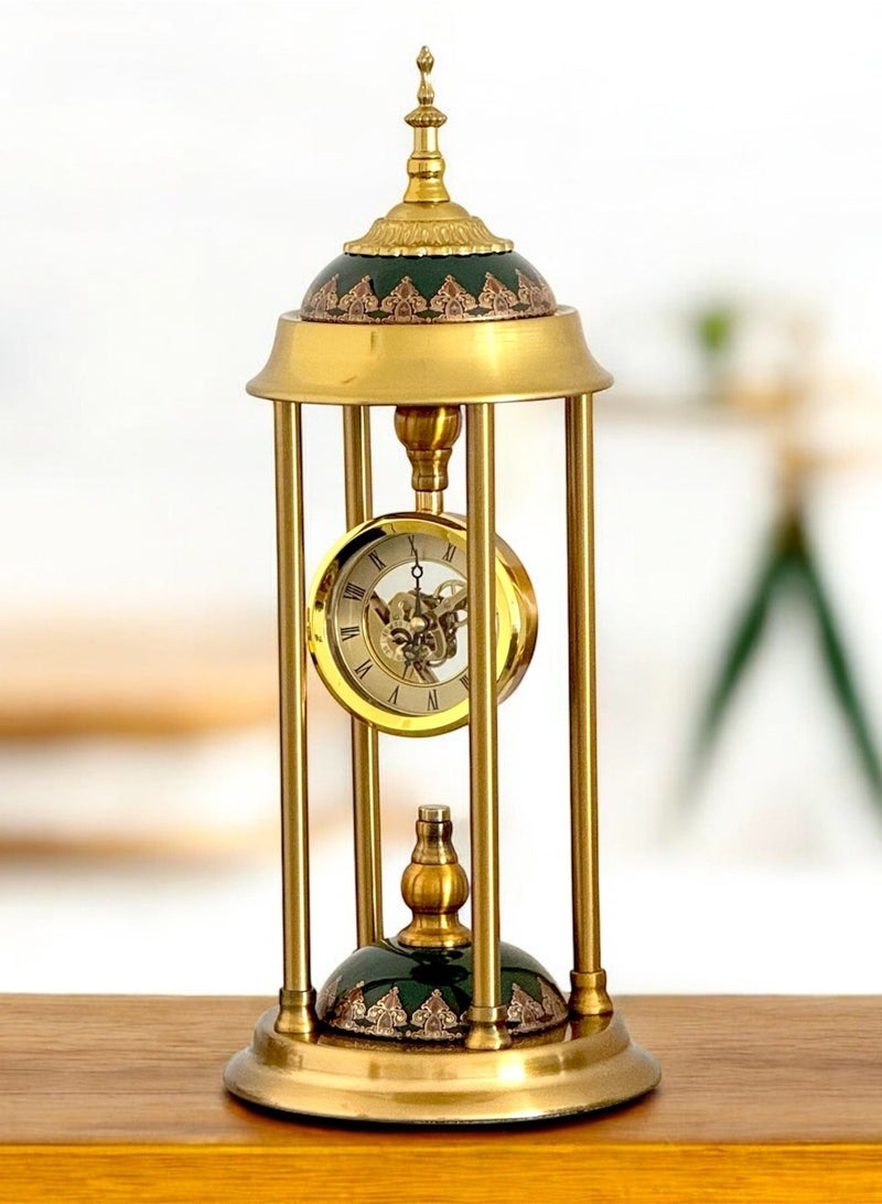 OLUDENIZ Luxury European Vintage Metal & Ceramic Table Clock – Heavy Brass Frame with Jade Accents & Exposed Mechanical Gears - Image 1