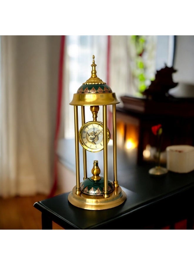 OLUDENIZ Luxury European Vintage Metal & Ceramic Table Clock – Heavy Brass Frame with Jade Accents & Exposed Mechanical Gears - Image 2