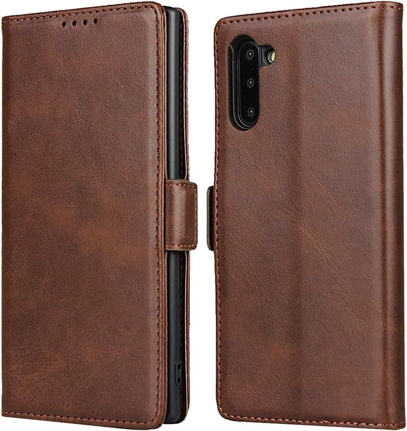 iCoverCase for Samsung Note 10 Case, PU Leather Wallet Case with Card Holder [Built-in Magnet] Shockproof Protective Flip Cover for Samsung Galaxy Note 10 - Dark Brown - Image 1