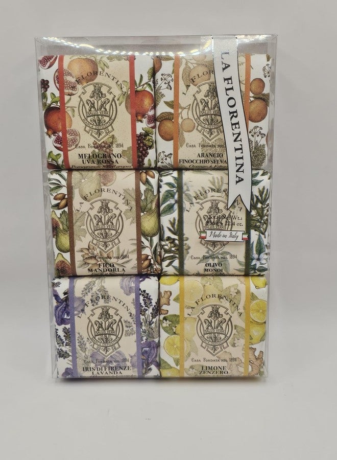 LA FLORENTINA Variety Soap Pack - Melograno Uva Rosa, Arancio Finocchio Selvatico, Fico Mandorla, Olivo Monoi, Iris Di Firenze Lavanda, Lemon Zenzero, 6 Bars, 3.7 Oz Each, Imported From Italy - Image 1