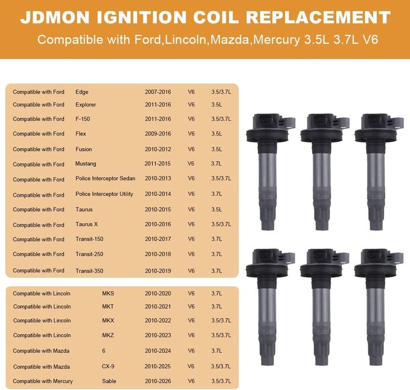 JDMON مجموعة بواجي الإشعال JDMON مكونة من 6 قطع لفورد، لينكولن، مازدا، ميركوري 3.5L/3.7L V6 (2007-2017) - Image 3