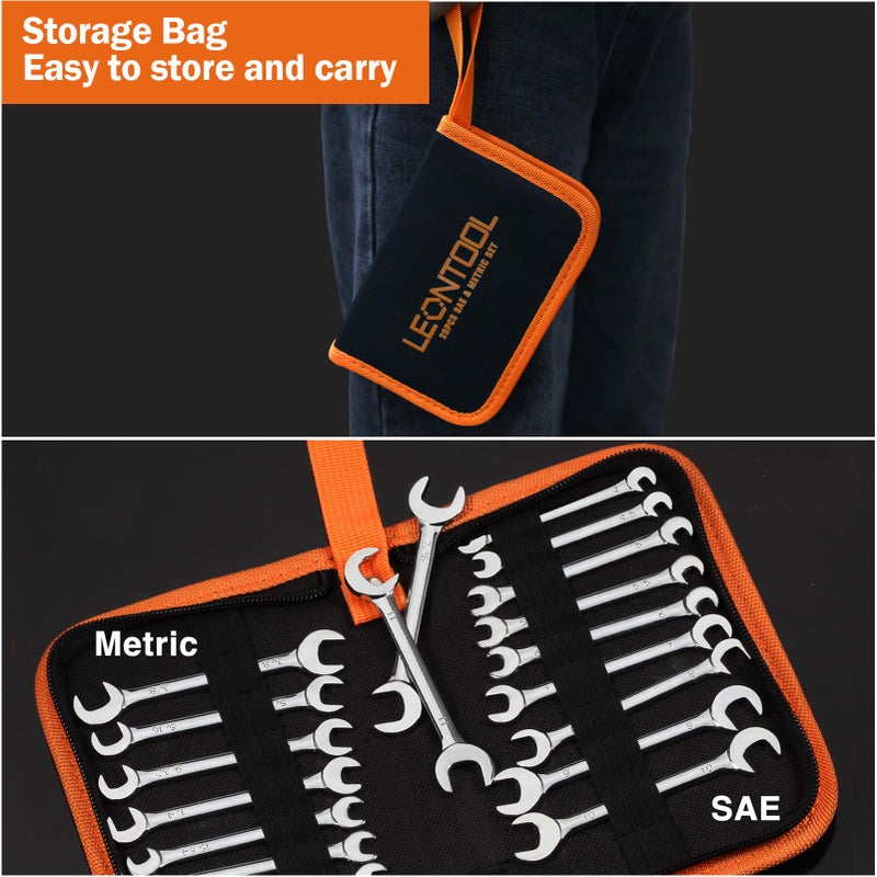 LEONTOOL مجموعة مفاتيح ربط مزدوجة صغيرة LEONTOOL مقاس متري و SAE 20 قطعة 4-11 مم و 5/32" إلى 7/16" بتشطيب كروم مرآة فائق النحافة رأس مزدوج الزاوية مع أكياس تخزين محمولة - Image 5