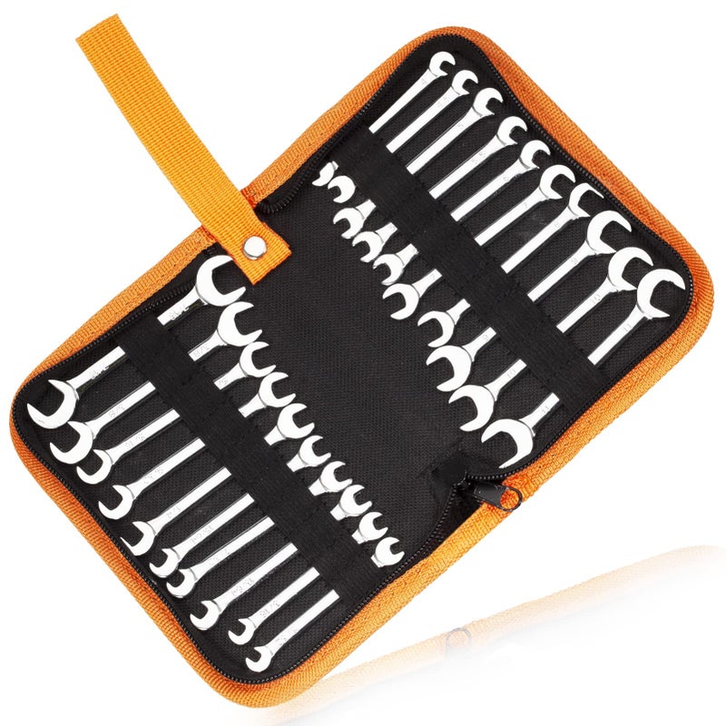 LEONTOOL مجموعة مفاتيح ربط مزدوجة صغيرة LEONTOOL مقاس متري و SAE 20 قطعة 4-11 مم و 5/32" إلى 7/16" بتشطيب كروم مرآة فائق النحافة رأس مزدوج الزاوية مع أكياس تخزين محمولة - Image 1