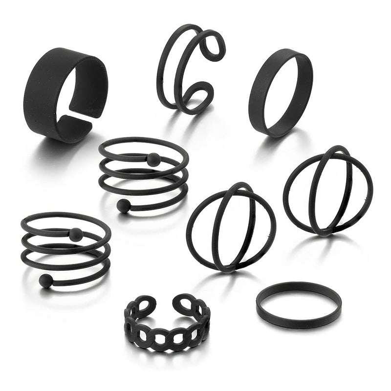 CSIYANJRY99 Black Rings for Women, Vintage Stackable Black Knuckle Rings Set Girls Midi Rings Boho Crystal Pearl Sea Wave Finger Ring Pack (E-black-9pcs) - Image 5