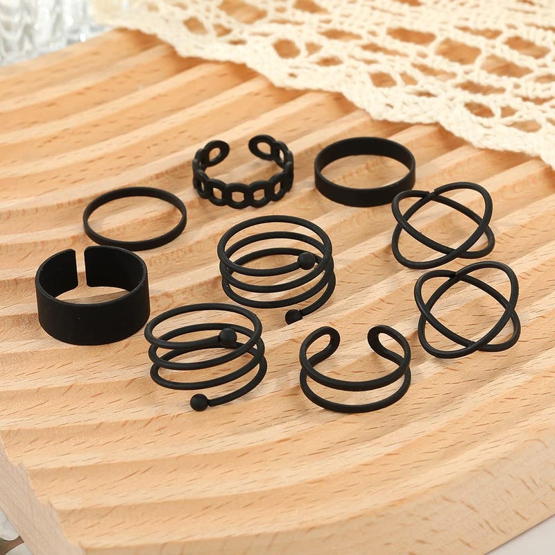 CSIYANJRY99 Black Rings for Women, Vintage Stackable Black Knuckle Rings Set Girls Midi Rings Boho Crystal Pearl Sea Wave Finger Ring Pack (E-black-9pcs) - Image 2