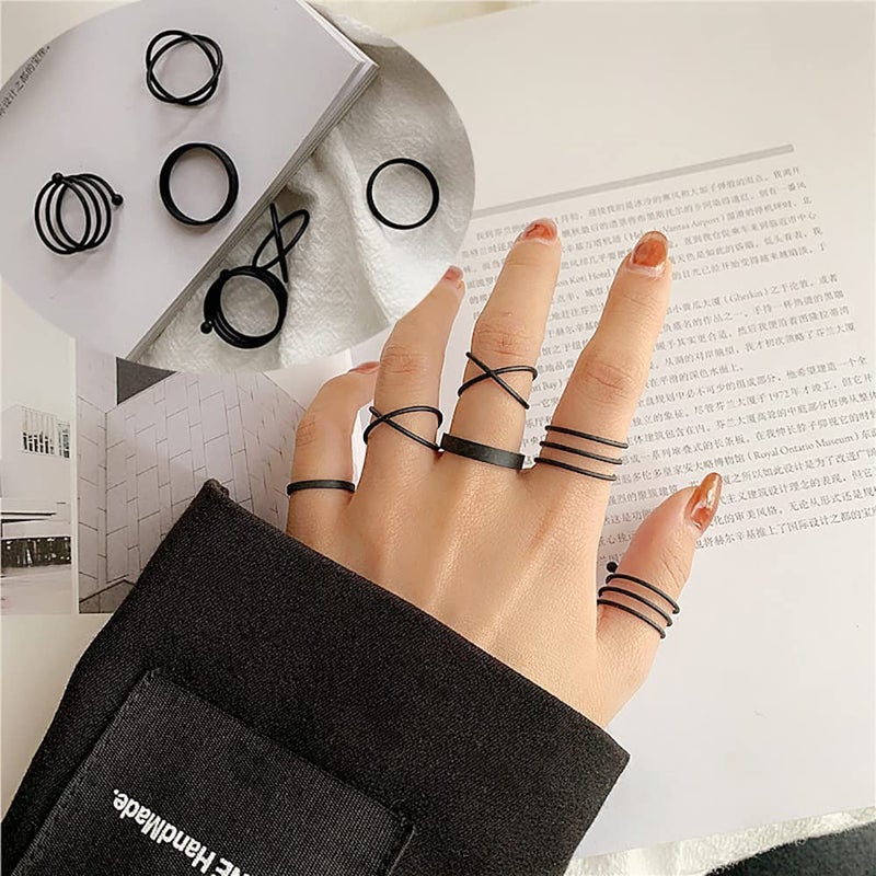 CSIYANJRY99 Black Rings for Women, Vintage Stackable Black Knuckle Rings Set Girls Midi Rings Boho Crystal Pearl Sea Wave Finger Ring Pack (E-black-9pcs) - Image 3