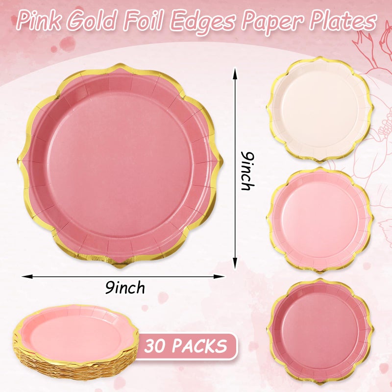 Whaline 30Pcs Peach Pink Scalloped Paper Plates Gold Foil Border Disposable Plates Retro 3 Colors Gradient Pink Serving Plates for Wedding Birthday Party Supplies Table Decor  9 inch - Image 2