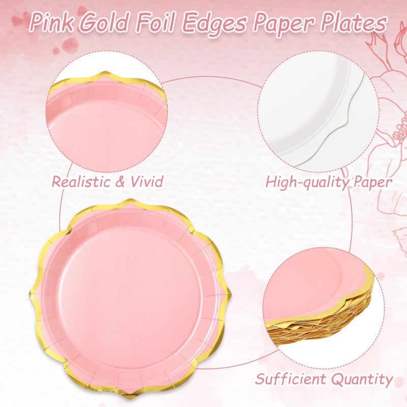 Whaline 30Pcs Peach Pink Scalloped Paper Plates Gold Foil Border Disposable Plates Retro 3 Colors Gradient Pink Serving Plates for Wedding Birthday Party Supplies Table Decor  9 inch - Image 3