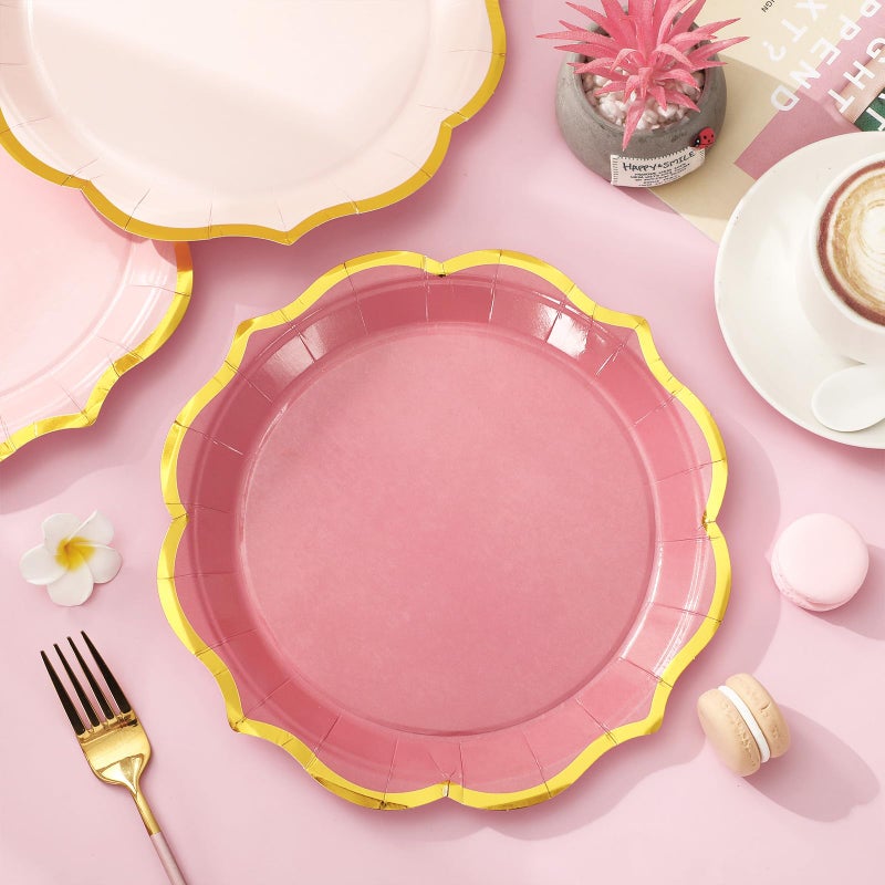 Whaline 30Pcs Peach Pink Scalloped Paper Plates Gold Foil Border Disposable Plates Retro 3 Colors Gradient Pink Serving Plates for Wedding Birthday Party Supplies Table Decor  9 inch - Image 4