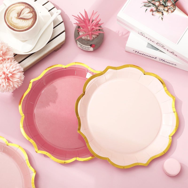 Whaline 30Pcs Peach Pink Scalloped Paper Plates Gold Foil Border Disposable Plates Retro 3 Colors Gradient Pink Serving Plates for Wedding Birthday Party Supplies Table Decor  9 inch - Image 5