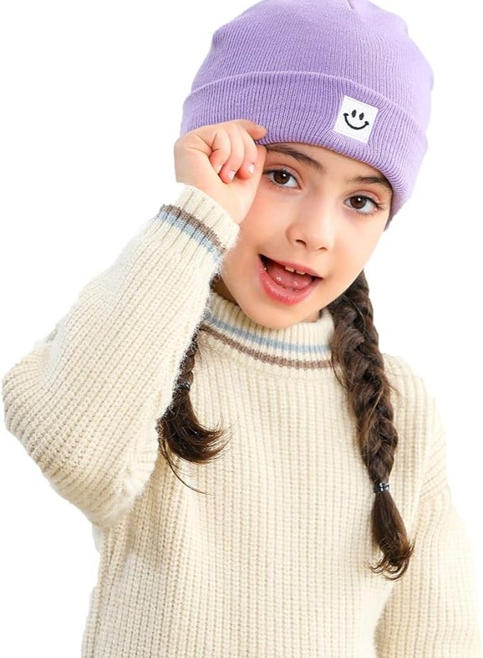 Smile Face Winter Beanie Hats for Men and Women Stretchy Warm Thick Soft Cap Slouchy Knit Hats (White+Purple)