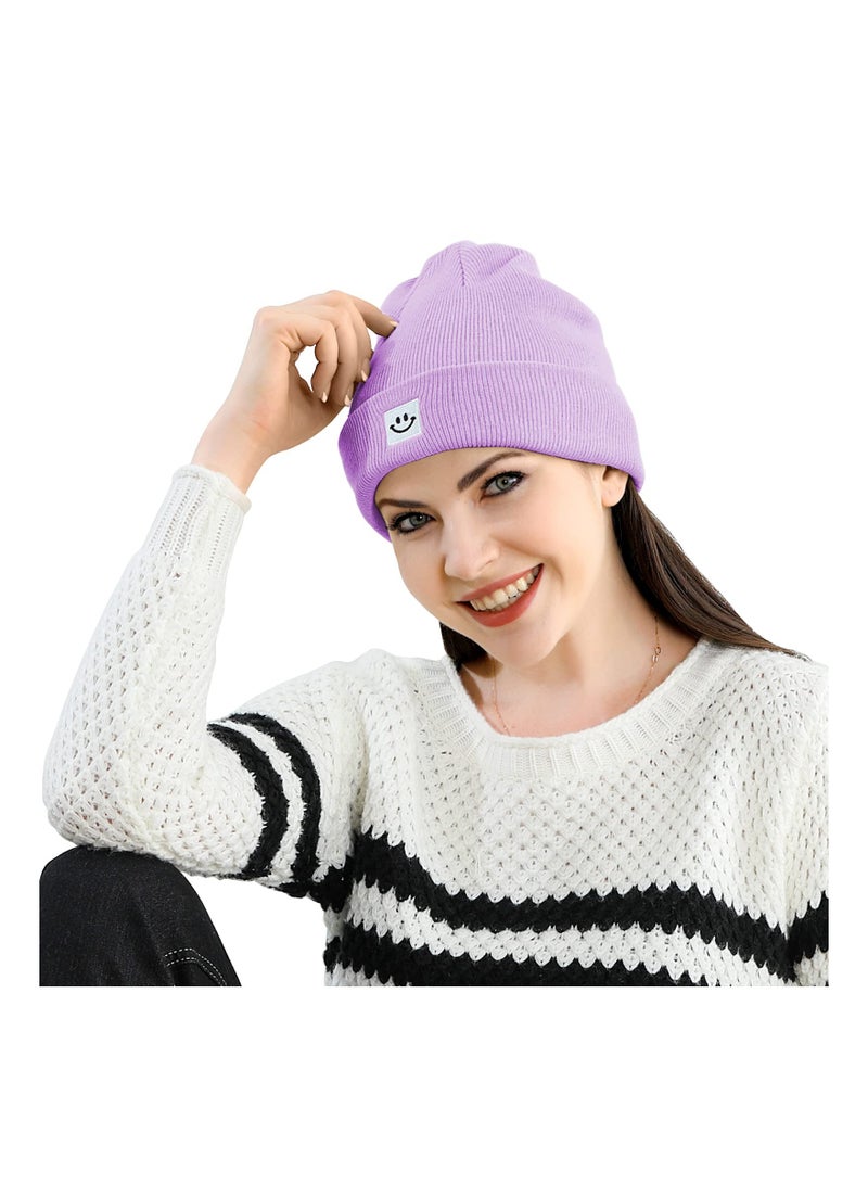 Smile Face Winter Beanie Hats for Men and Women Stretchy Warm Thick Soft Cap Slouchy Knit Hats (White+Purple)