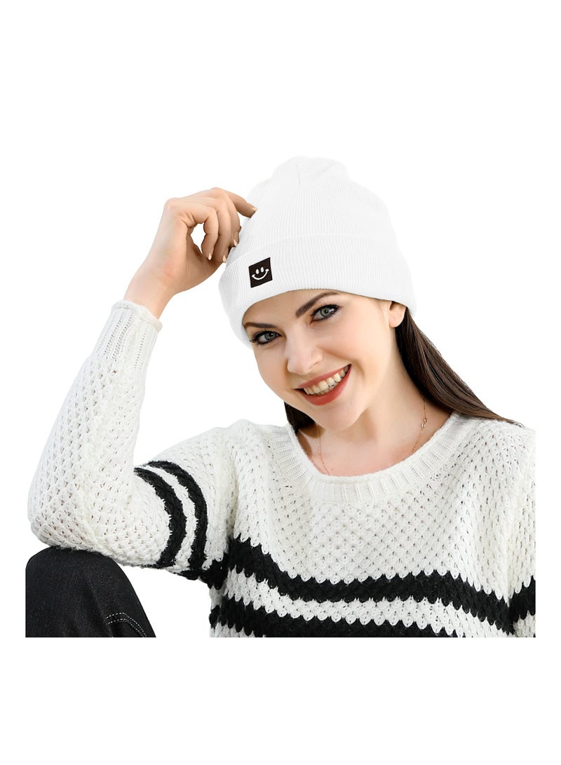 Smile Face Winter Beanie Hats for Men and Women Stretchy Warm Thick Soft Cap Slouchy Knit Hats (White+Purple)