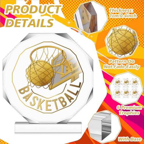 Anglechic 6 Pack Sports Trophy Acrylic Award Medals 4.72 x 4.72 Inch Sports Contest Trophies Bulk Plaques Team Prize Gift Trophies for Competition(Basketball) - Image 3